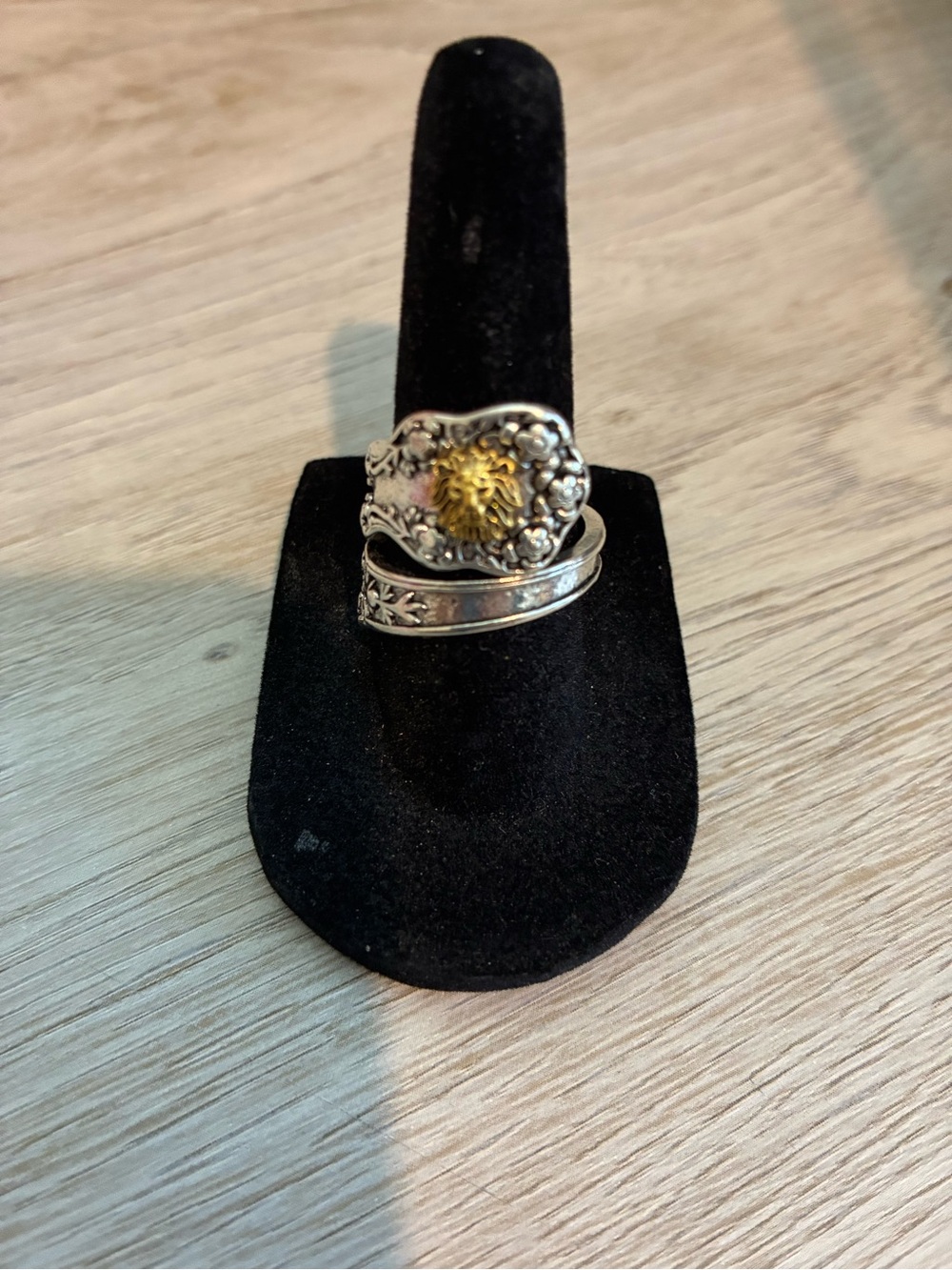 Two-Tone Floral Spoon Ring in Silver with Gold Lion Accent